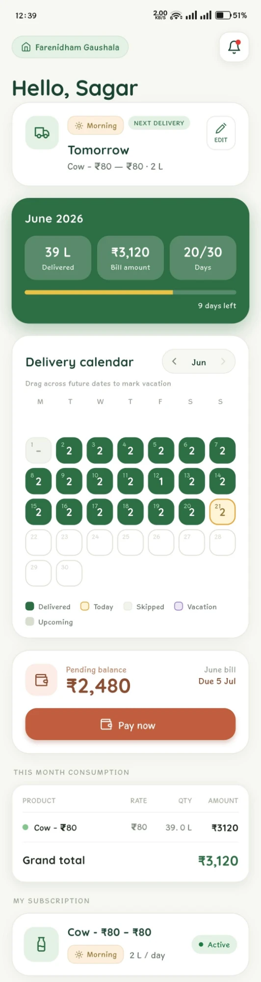 Customer app home showing delivery calendar for June 2026, pending balance of ₹2480, Pay Now button and this month's consumption summary