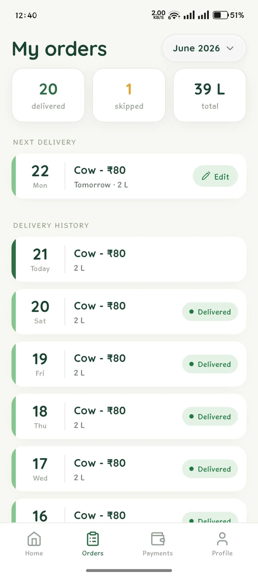 Customer app orders screen showing 20 delivered 1 skipped 39L total with full delivery history list
