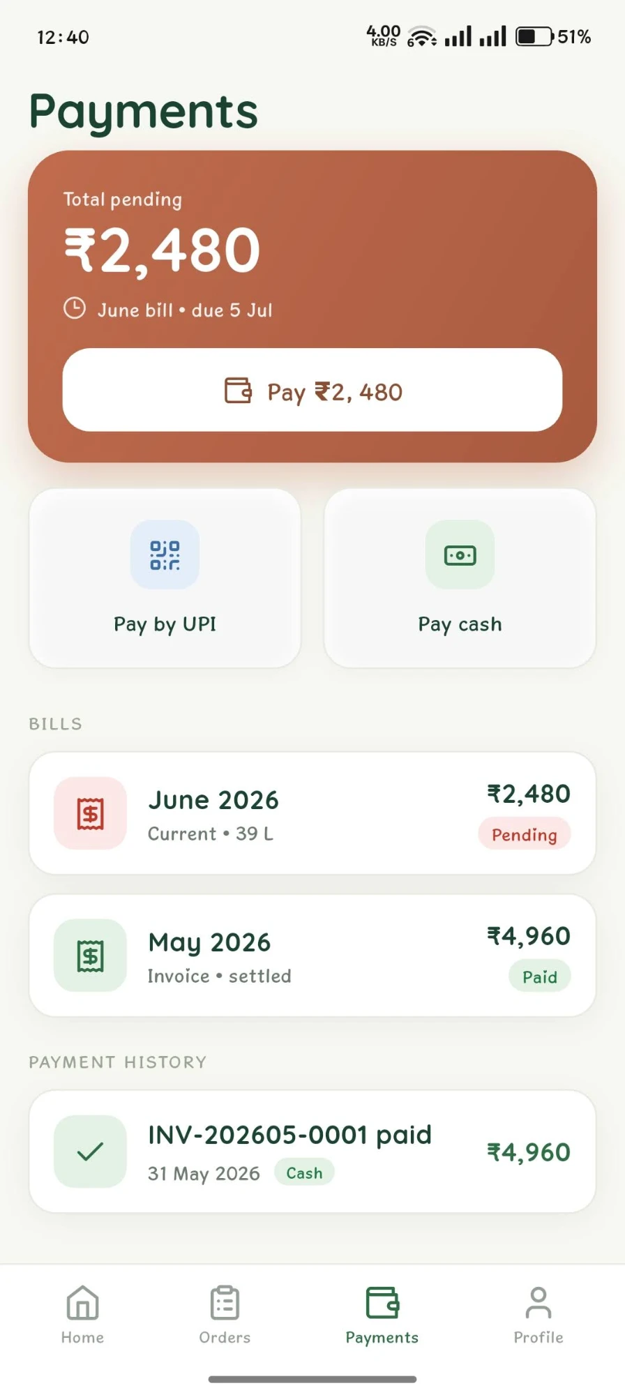 Customer app payments screen showing ₹2480 pending, UPI and cash payment options, and bill history for May and June